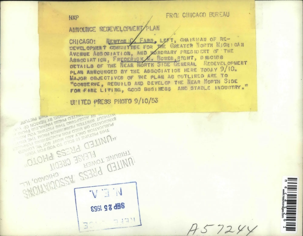 1953 Press Photo Newton Farr & Frederick Bowes Discussing Development Plans