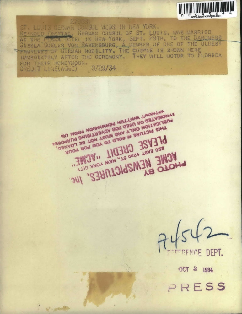 1943 Press Photo German Consul Of St. Louis Reynold Freytag Marries Baroness