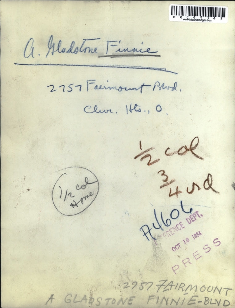 1934 Press Photo A. Gladstone Finnie Of Cleveland Heights Ohio Portrait