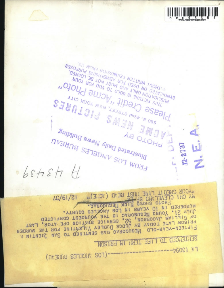 1937 Press Photo Nick Megugorac, convicted murderer fro San Quentin prison