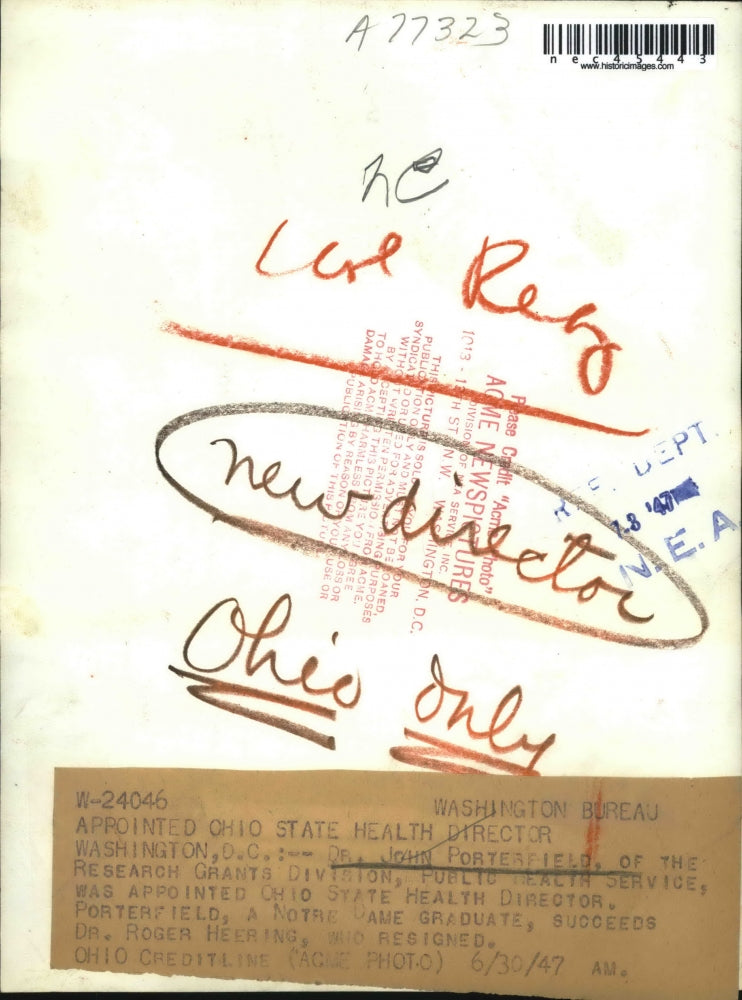 1947 Press Photo D.C. Dr John Porterfield, research grants div of Public Health