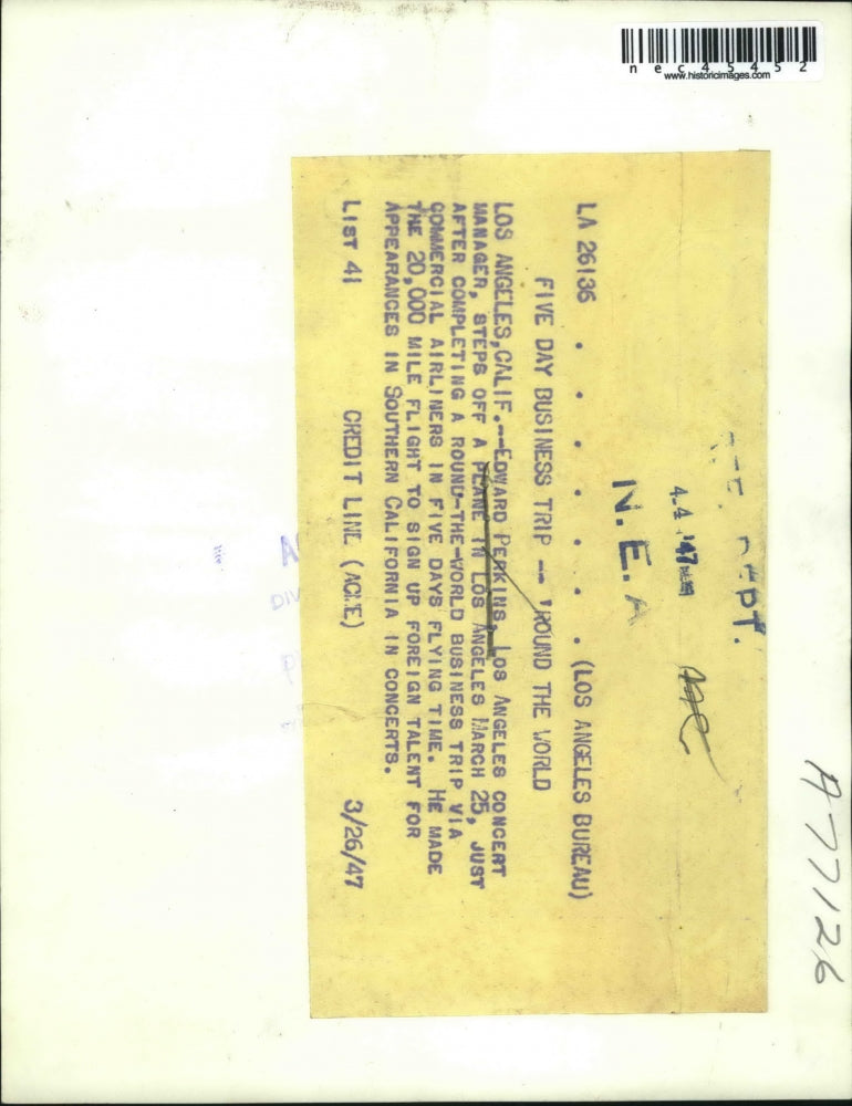 1947 Press Photo LA, Calif. Edward Perkins, concert manager