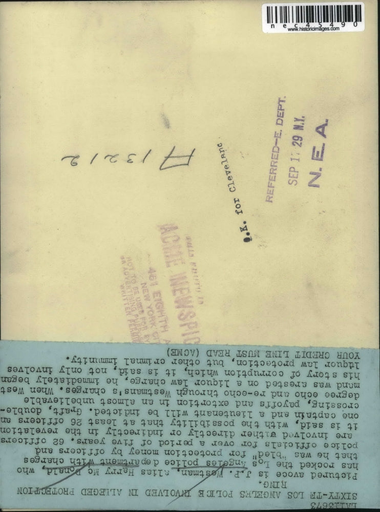 1929 Press Photo JP Westman Alias Harry McDonald Prohibition Extortion Scheme