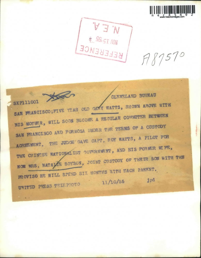 1955 Press Photo Gary Watts Child Was Subject Of International Custody Battle