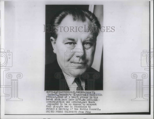1955 Press Photo Stockholm Sweden Socialist Premier Hans C Hedtoft Denmark