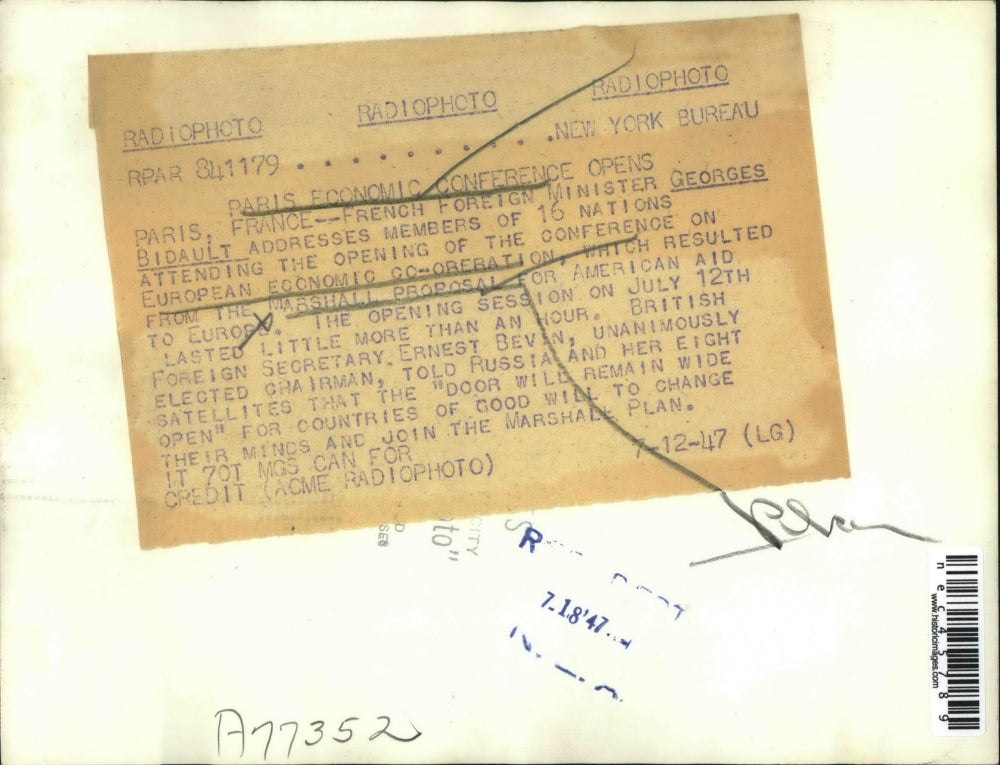 1947 Press Photo Paris, France Minister G Bidault, Economic Co-Op conference