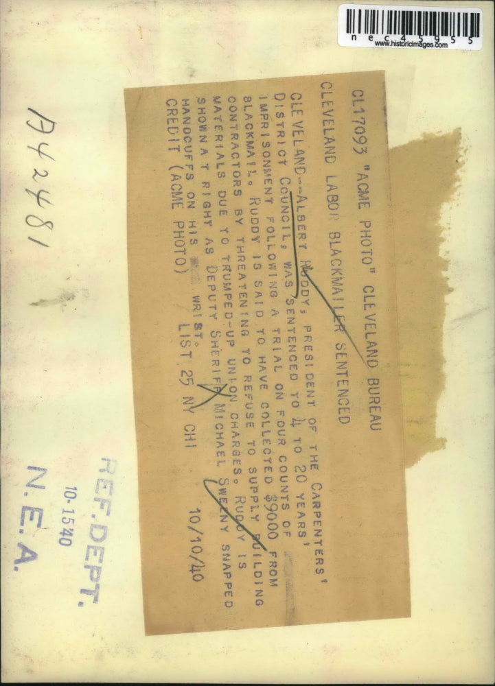 1940 Press Photo Cleveland Labor leader Albert Huddy sentenced 4-20 years.