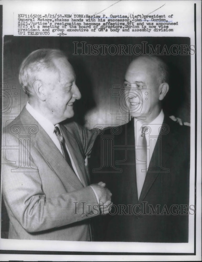 1958 Press Photo Harlow P. Curtice, Pres. of GM shakes hands w/ his successor