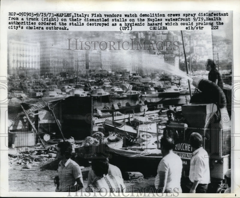 Load image into Gallery viewer, 1973 Press Photo Fish Vendors watched demolition crew destroy Stall at Naples.
