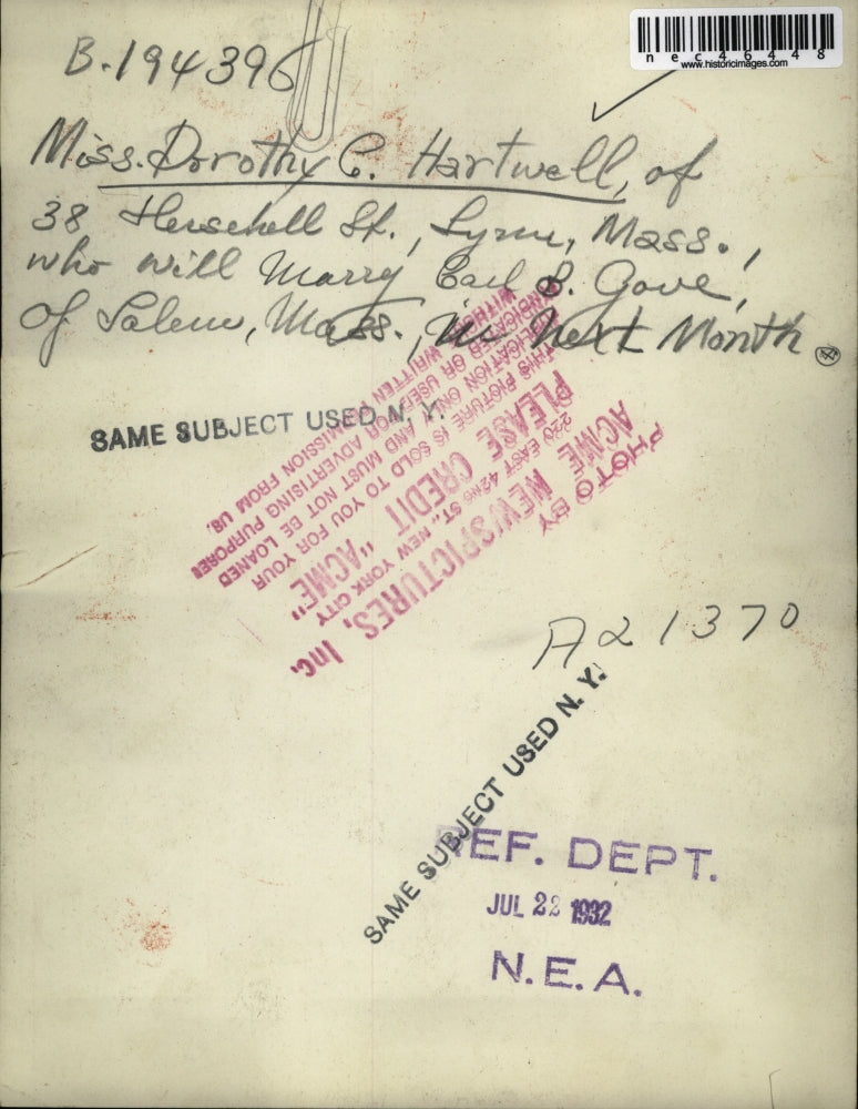 1932 Press Photo Miss Dorothy C Hartwell of Lynn,Mass. to wed Paul Gove