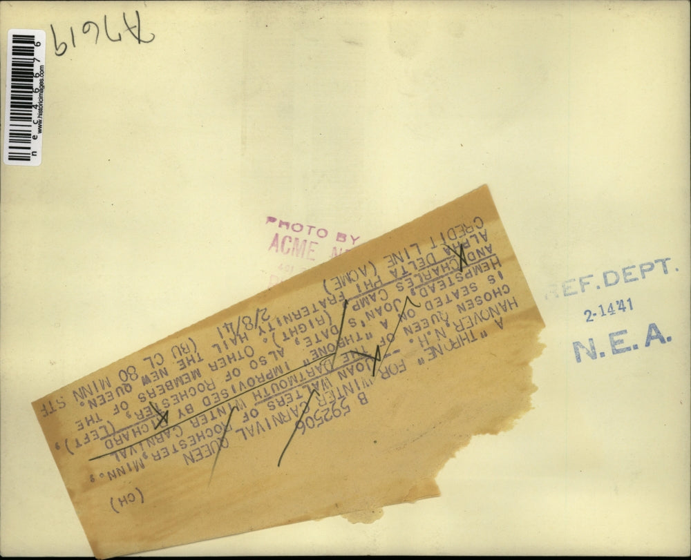 1941 Press Photo Joan Walters, Queen of Dartmouth Winter Carnival Raised High