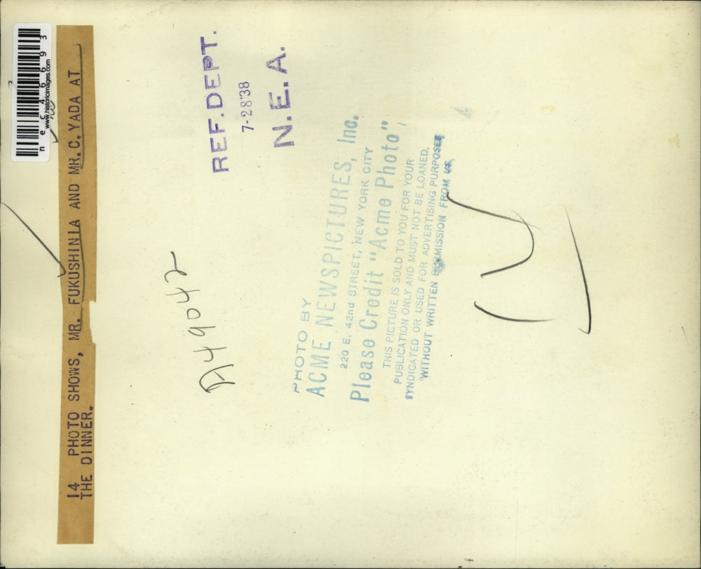 1938 Press Photo Mr. Fukushinia and Mr. C. Yada At The Dinner