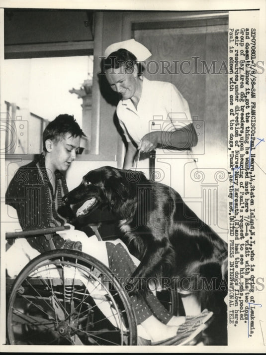 1958 Press Photo Paul Hearn Boy Dying Of Leukemia Visits With Dogs And Nurse