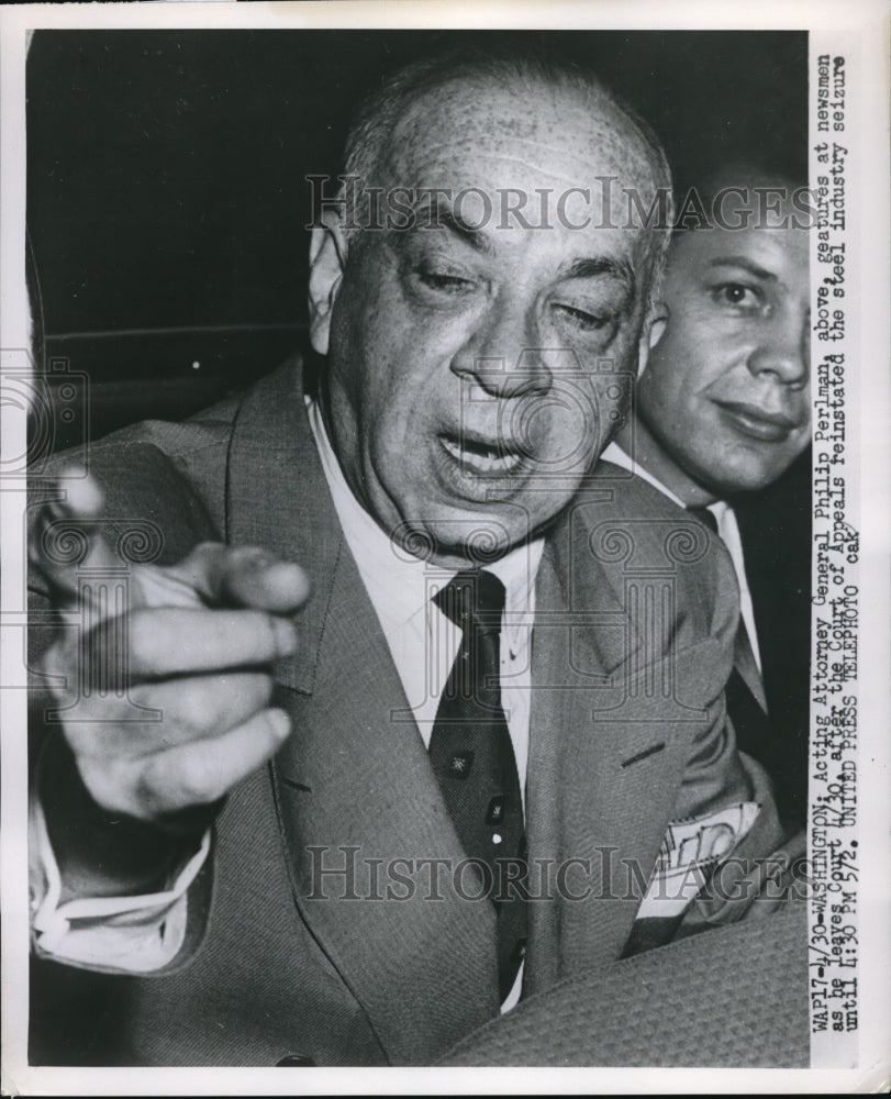 1952 Press Photo Attorney General Philip Perlman After Steel Industry Seizure