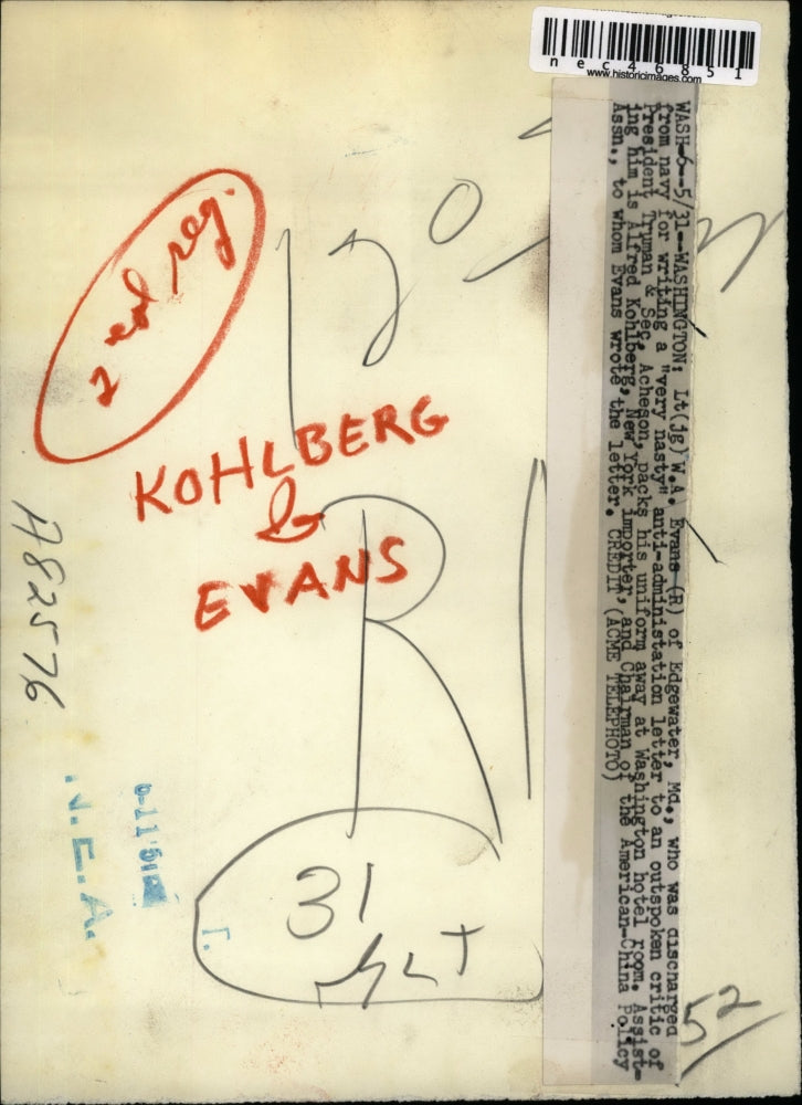 Press Photo Navy Lt. W.A. Evans dismissed for writing anti-administration letter