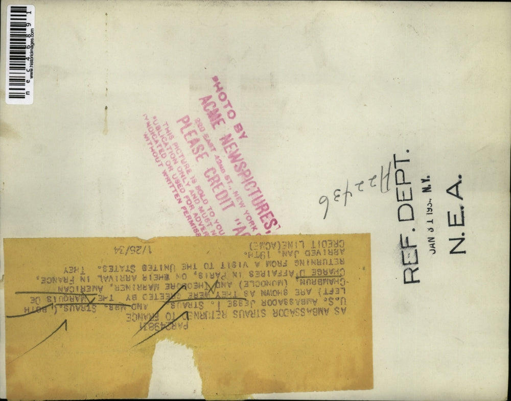 1934 Press Photo US Ambassador To France Jesse Strauss And Wife In Paris