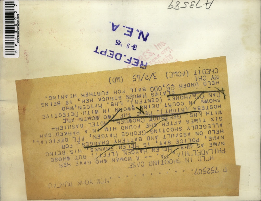 1945 Press Photo Helen Franks Arrested For Shooting George Haygen