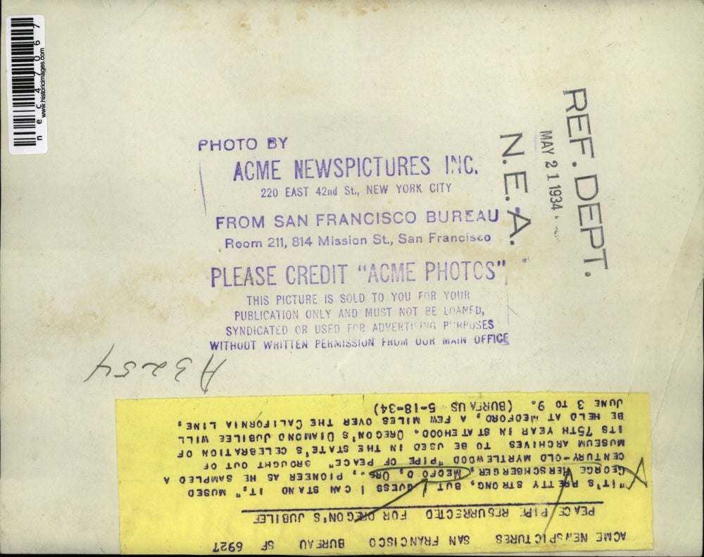 1934 Press Photo "Pipe of Peace" resurrected for Oregon's Diamond Jubilee.