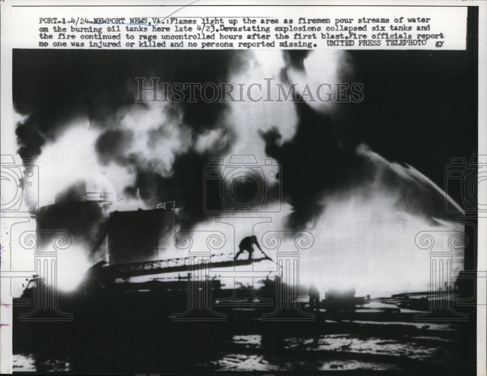 1958 Press Photo Six oil tanks exploded and collapsed in Newport News