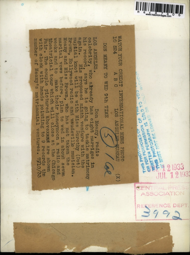 1933 Press Photo Don Meany getting married for the 9th time.