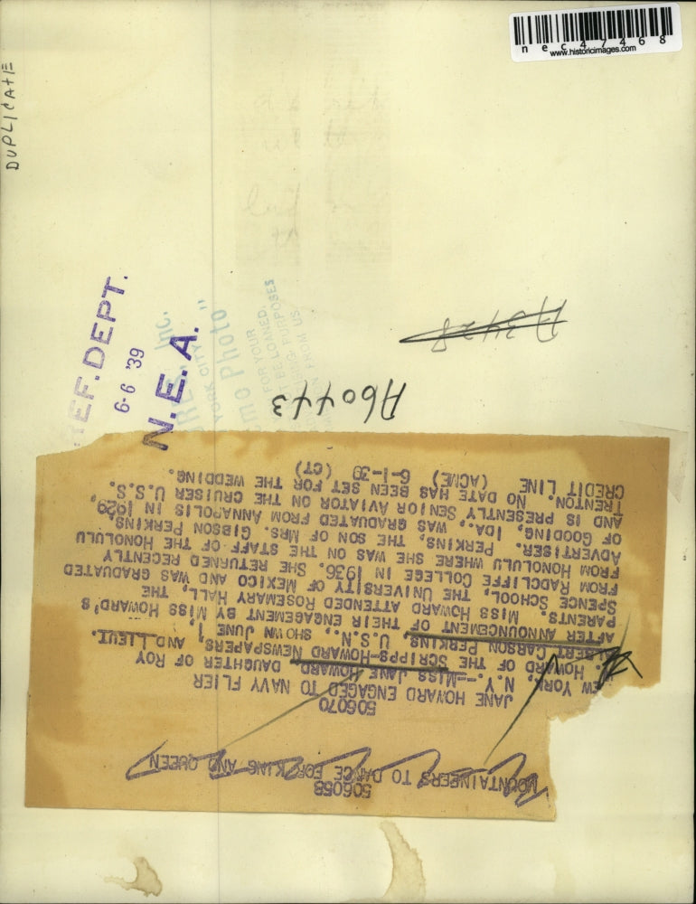 1939 Press Photo Ms. Jane Howard engaged with Lt. Albert Carson Perkins, U.S.N.