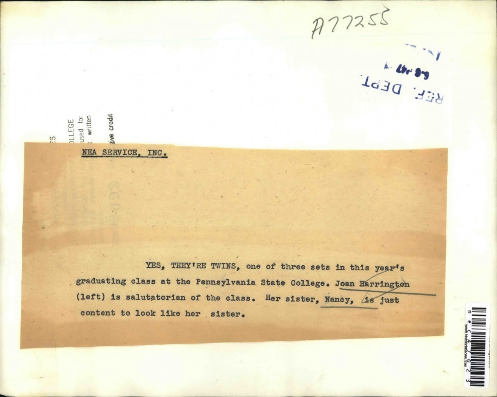 1947 Press Photo PA State College grads, Joan & Nancy Harrington