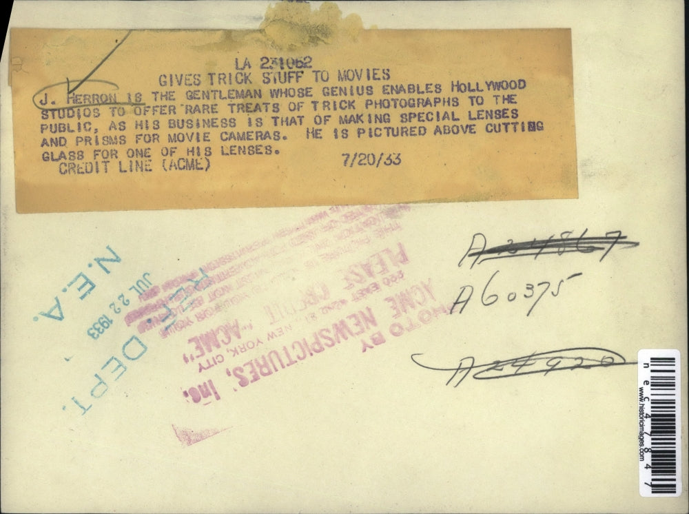 1933 Press Photo J. Herron gives trick stuff to movies. - nec47847