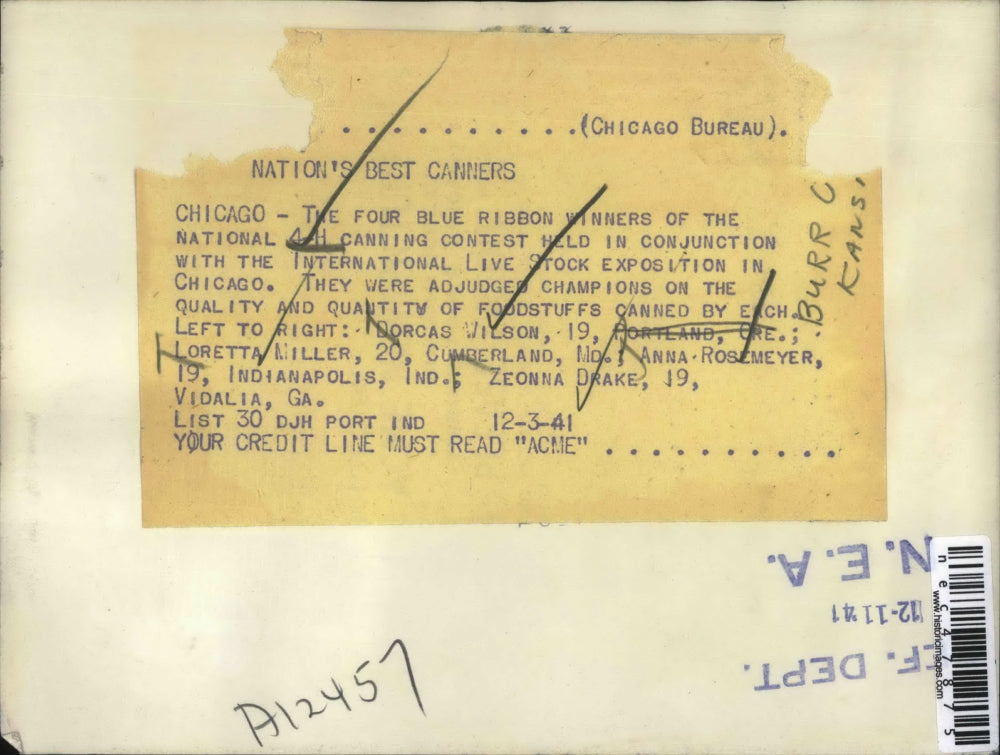 1941 Press Photo Four Blue winners of the National 4-H Canning Contest.