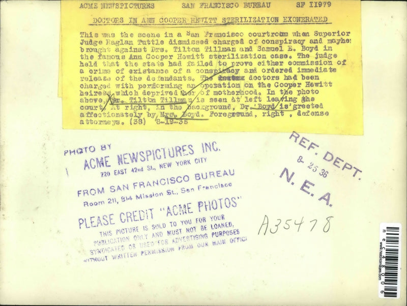Load image into Gallery viewer, 1935 Press Photo Doctors in a Cooper Hewitt Sterilization exonerated.
