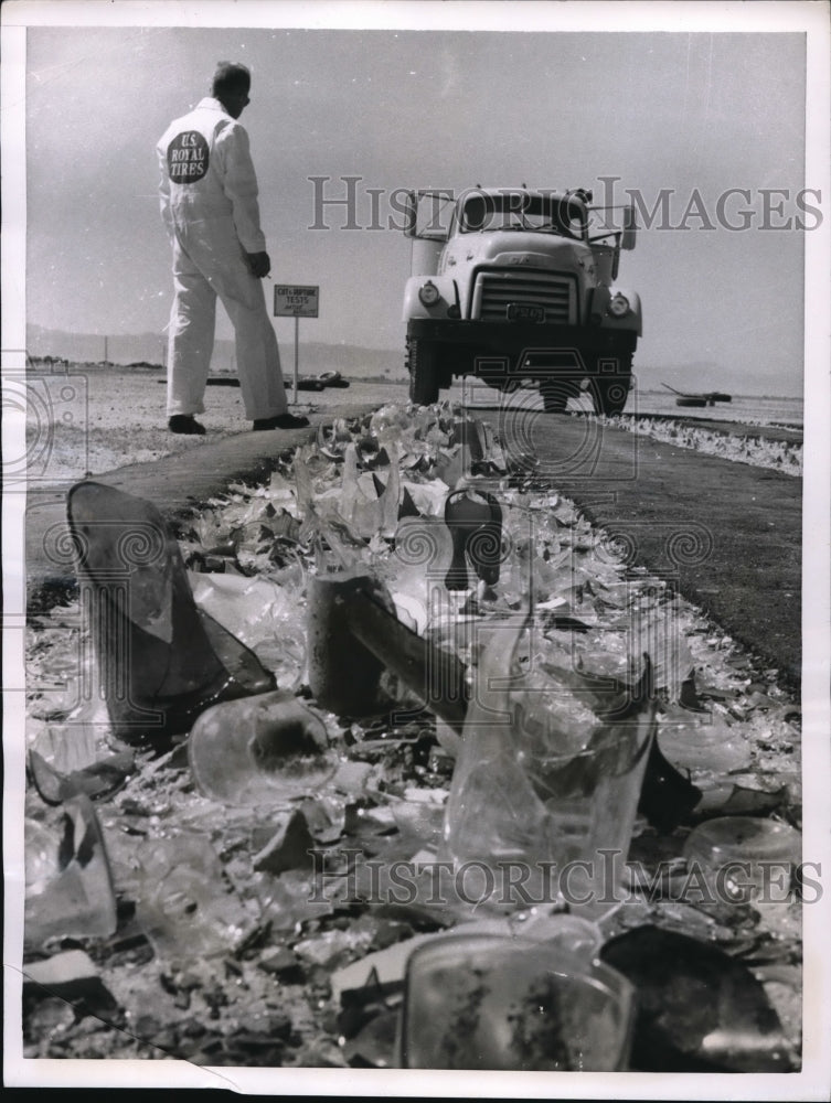1955 Press Photo US Rubber Company in Lancaster Truck Testing Tires - nec48337