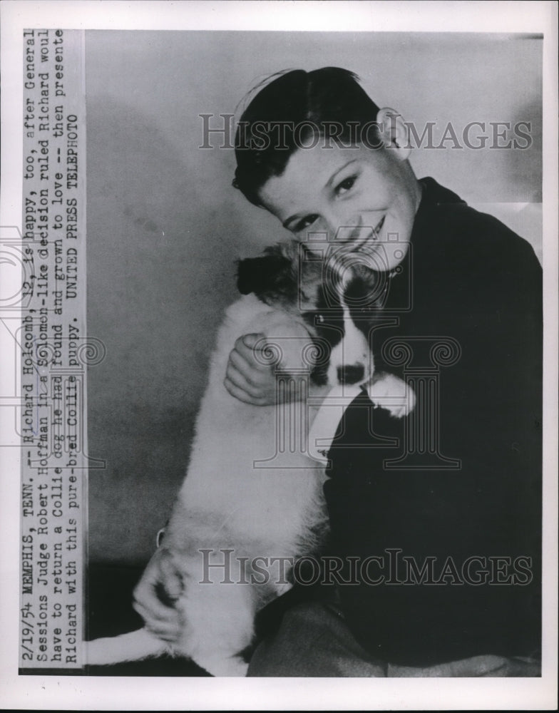 1954 Press Photo Richard Holcomb returned dog to receive new puppy of his own- Historic Images