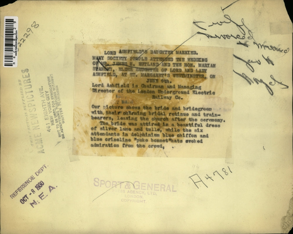 1930 Press Photo James H. Rutland Weds Hon. Marian Stanley, Westminster