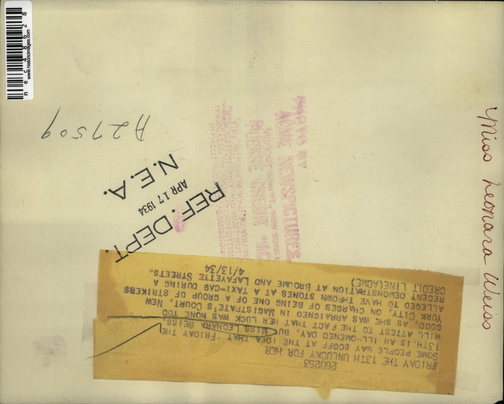 1934 Press Photo Leonara Weiss Arraigned For Throwing Stones At Strike