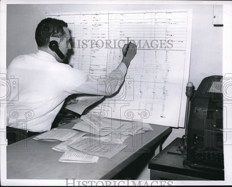 Load image into Gallery viewer, 1955 Press Photo Paul Sisco United Press Staffer Calculates Traffic Fatalities
