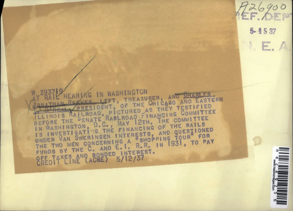 1937 Press Photo Jonathan Reeves and Charles L. O'Neal at Rail Hearing