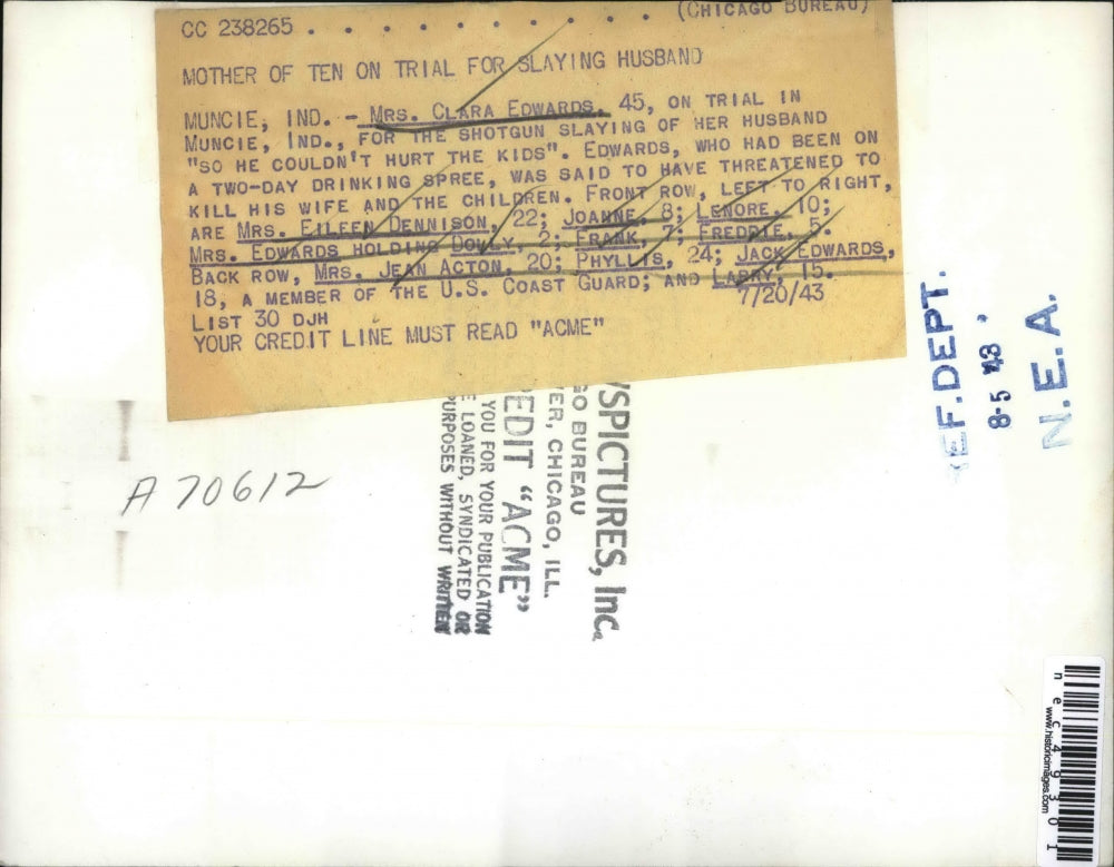 1943 Press Photo Mother of ten Mrs.Clara Edward on trial for slaying her husband