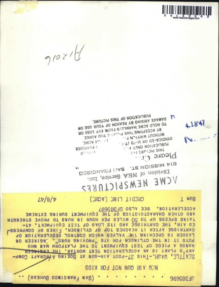 1947 Press Photo 27-foot air gun at Boeing Aircraft Co. Plant