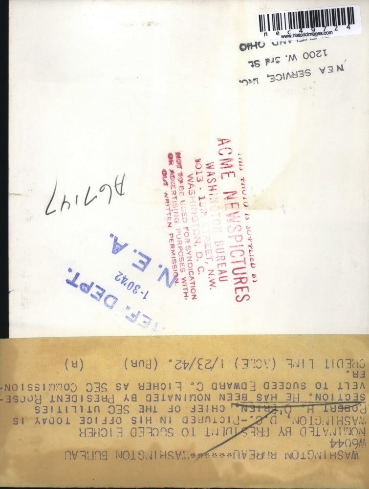 1942 Press Photo Nominated by President Roosevelt to succeed Edward Eicher