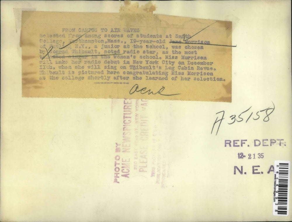 1935 Press Photo Jane Morrison of Smith College with radio star Conrad Thibault