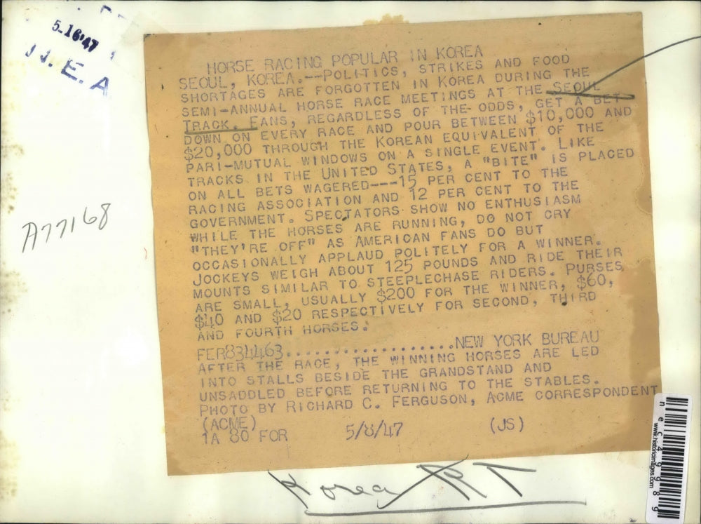 1947 Press Photo Winning Horses Led To Stalls & Unsaddled After Race - nec49989