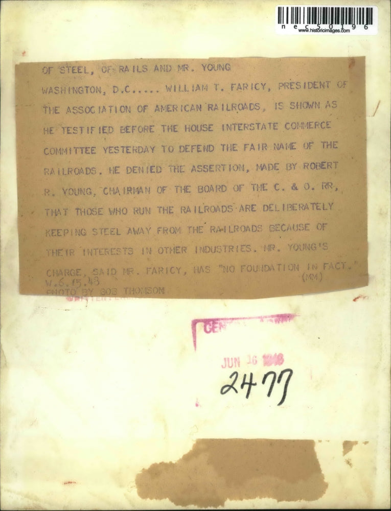 1946 Press Photo William Faricy Railroad Exec Testifies Before House Committee