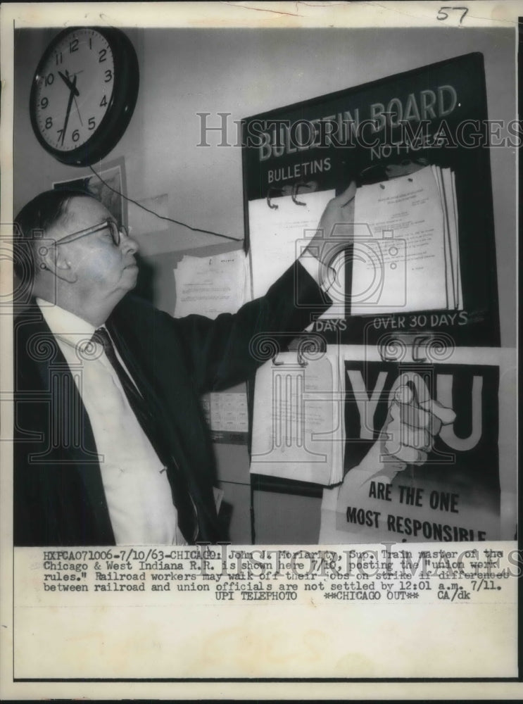 1963 Press Photo Train Master John I. Moriarity of the Chicago & W. Indiana RR
