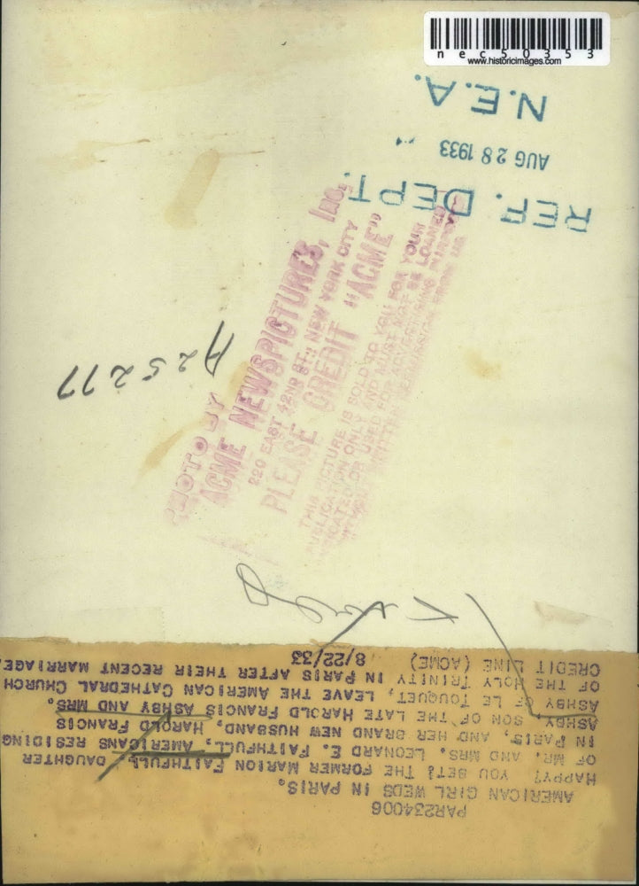 1933 Press Photo Marion Faithfull with New Husband Harold Francis Ashby