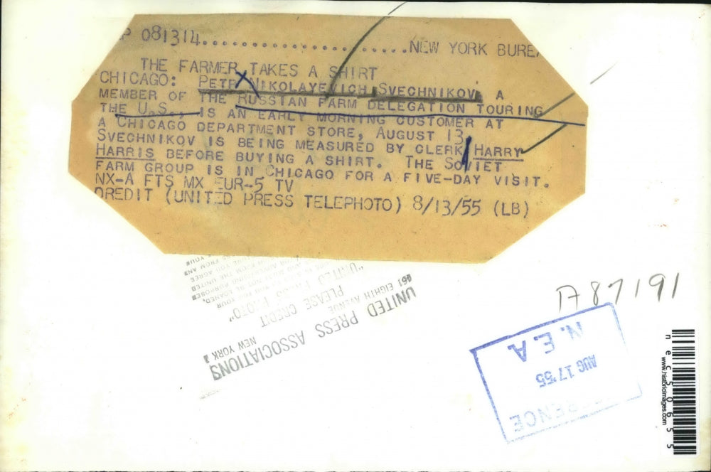 1955 Press Photo Russian Farm Delegate Petr Svechnikov Measured For Shirt