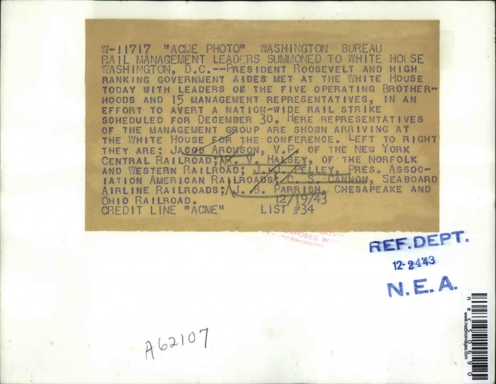 1943 Press Photo Rail Leaders At White House, J. Aronson, R. Halsey, J. Pelley