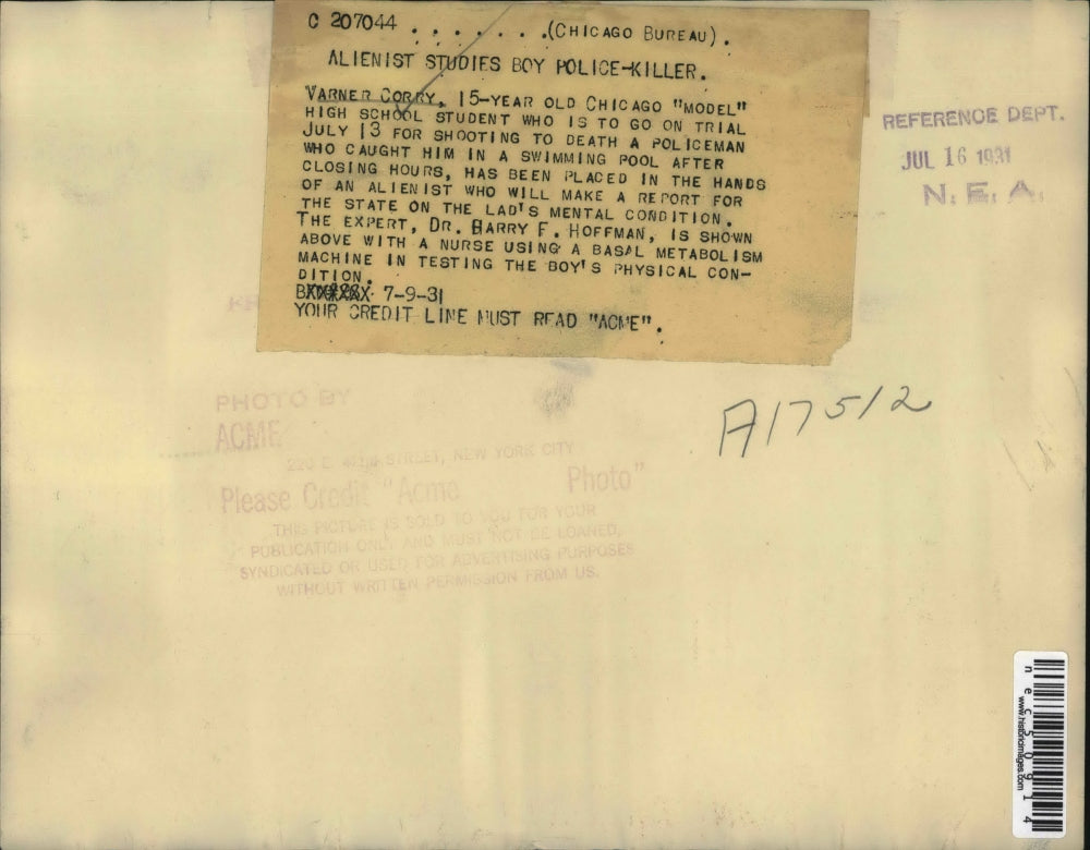 1931 Press Photo Varner Corry Murders Policeman, Dr. Barry F. Hoffman, Chicago