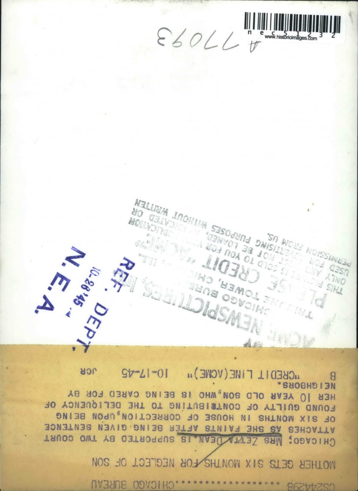 1945 Press Photo Mrs. Zetta Dean sentenced for 6 months for neglect of son