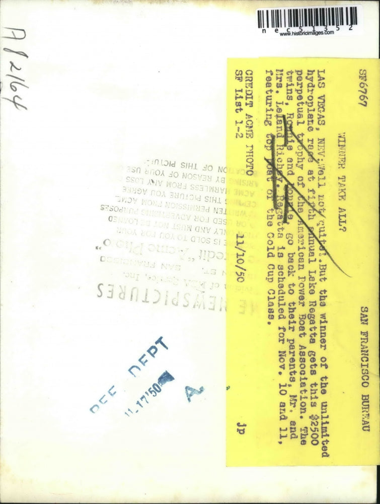 1950 Press Photo Winner take all not really but the boat will win $2500