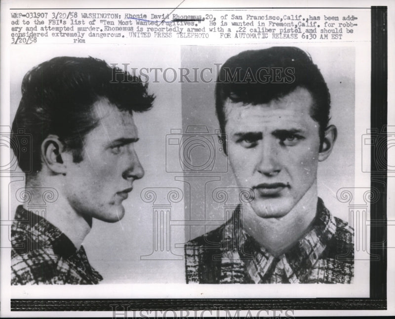 Load image into Gallery viewer, 1958 Press Photo D.C. Rhonie D Rhonemus added to FBI most wanted list for murder
