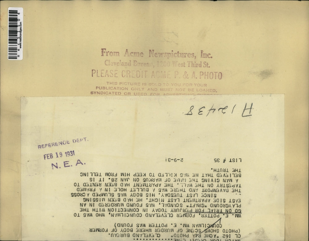 1931 Press Photo WM. E. Potter found murdered in an east side apartment. NY